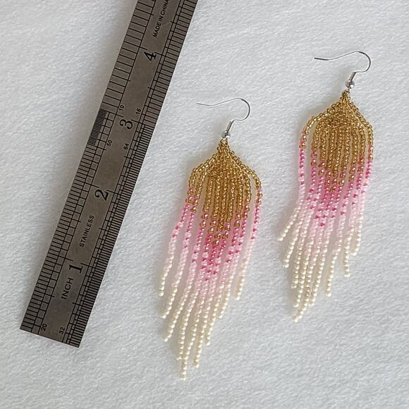 Pink White Gold Ombre Beaded Earrings - Picture 4 of 4